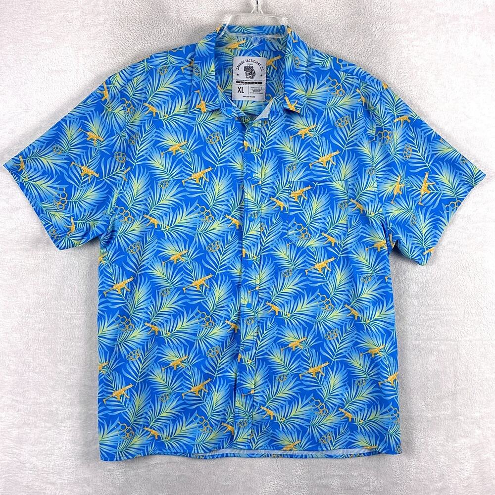 Savage Tacticians Hawaiian Shirt Mens XL Blue Palm MP5 Brass Knuckles AOP Aloha